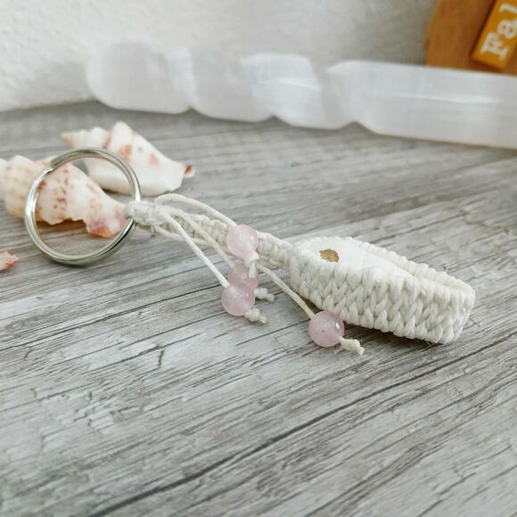 Macrame Rose Quartz & Shell Beaded Keychain, Key Ring, Gemstone Accessories 3.5" - Picture 3 of 6